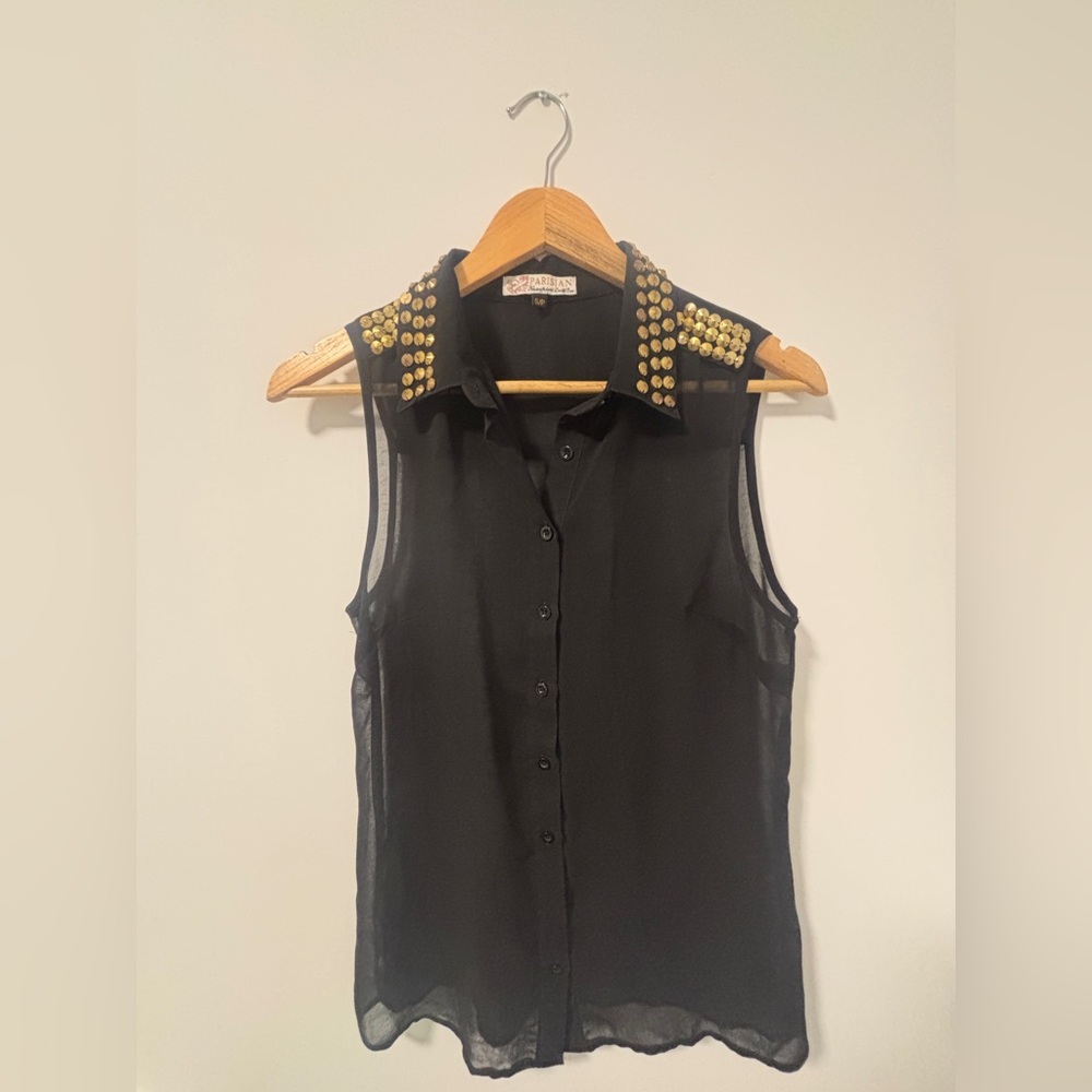 Parisian Collection Black Sleeveless Blouse with Gold Studs